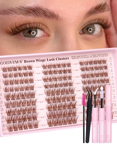 Image of Goddvenus Brown Wispy Lash Clusters Kit Natural Cluster Eyelash Extensions Kit False Eyelashes Clusters Fluffy DIY Individual Lash Extensions Kit C Curl