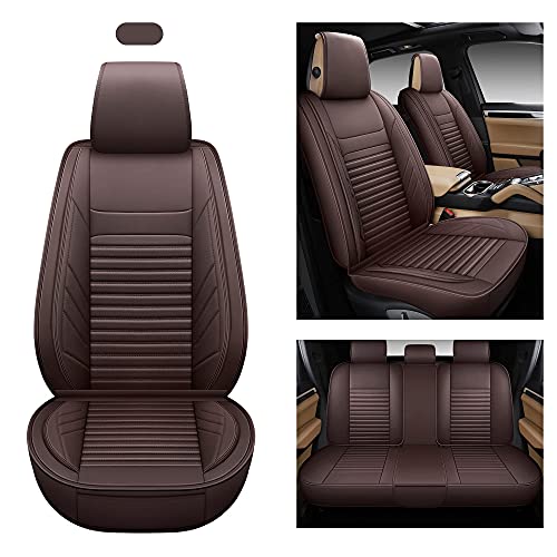 Image of AOOG Leather Car Seat Covers, Leatherette Automotive Seat Covers for Cars SUV Pick-up Truck, Non-Slip Vehicle Car Seat Covers Universal Fit Set for Auto Interior Accessories, Full Set, Brown