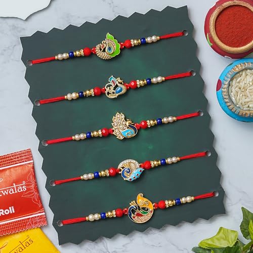 Image of Rakhi for Brother Set of 5 Rakhi With Roli Chawal and Best Wishes Card
