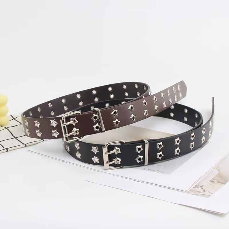 Star Studded Faux Leather Belt, Double Prong Buckle, Black2