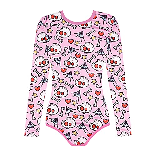 Poemmoon Cotton Romper Onesie Long Sleeve Pajamas Snap Crotch Bodysuit - Pink Skull (X-Large)