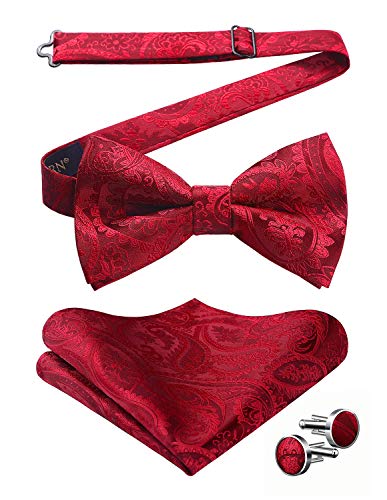 Image of HISDERN Bow Ties for Men Pretied Bow Tie Set Paisley Classic Bowties and Pocket Square Cufflinks Set for Wedding Party
