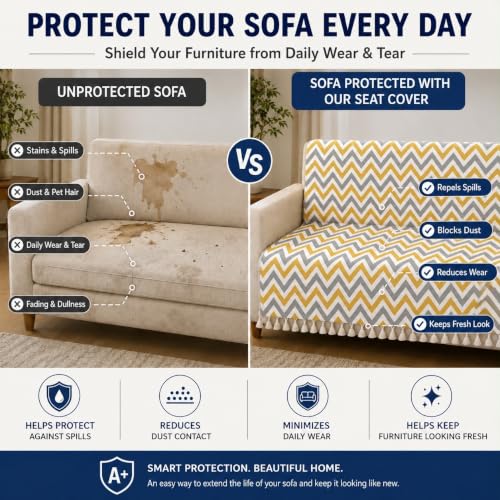 Image of Velvet Quilted Sofa Armrest Covers (Pack of 2) | Yellow Zigzag | Anti-Slip Soft Washable Arm Covers with Tassels | 24 x 27 Inches