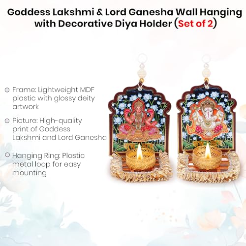 Image of Akaar Decor Lakshmi Ganesha Diya Hanging Set of 2 | Decorative Tea Light Candle Holder with Pearl Beads | Diwali Decoration, Pooja Room, Temple & Home Wall Decor