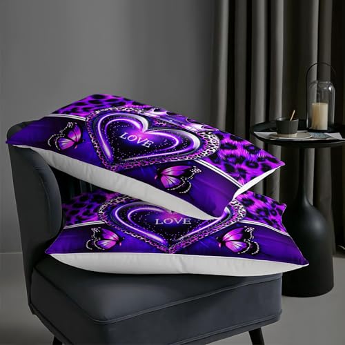 Image of AILONEN Purple Heart Bedding Set Queen Size,Luxury Leopard Print Comforter with 2 Pillowcases for Girls Women,3-Piece Crown Butterfly Quilt Set for Home Decor