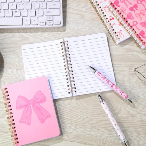 Image of Resurhang 6 Pack Pink Bow Spiral Pocket Notebooks Coquette Bow A6-Small Notebooks Cute Preppy Aesthetic Journal with Ballpoint Pens for Office School Day Classroom Prize Gifts 5.7 x 4.1 Inch