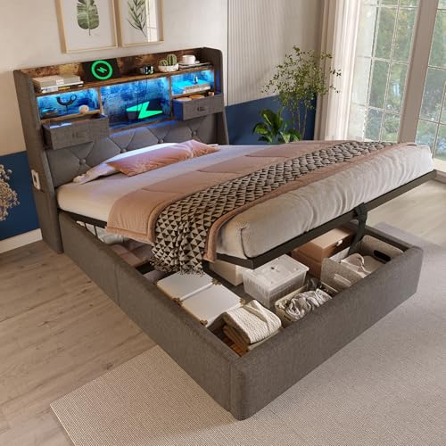 Oslghy Cama Tapizada 90x200 cm, Cama Individual con LED Cabecero y 4 Estaciones de Carga USB Tipo C, Moderne Cama Sencilla Juvenil con Hidráulica Espacio y Somier de Láminas, Lino, Gris, Sin Colchón