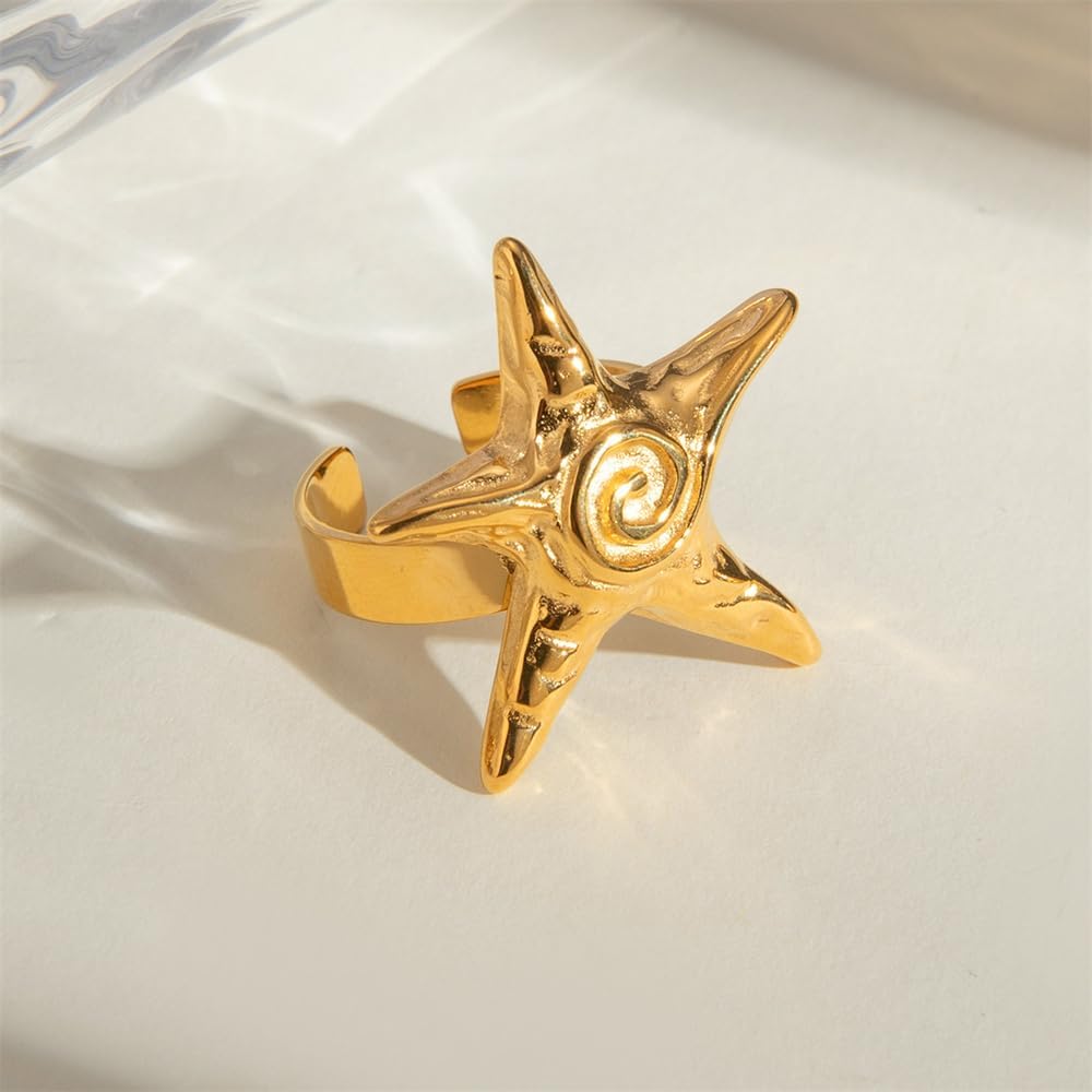 OIDIMS Vintage Starfish Statement Ring for Women Gold-Tone-Tone Stainless Steel Fashion Adjustable Ocean Sea Style Open Wrap Finger Rings Comfort Fit Chic Holiday Summer Party Jewelry Dainty Gift - Image 6