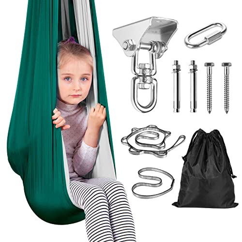 Sensory Swing Hammock for Kids - Indoor Outdoor 360° Rotate Thickened Double Layer Kids Therapy Swing Cuddle Pod Swing Gifts for Autism Adult Child Boys Girls with Special Needs (Dark Green+Grey)
