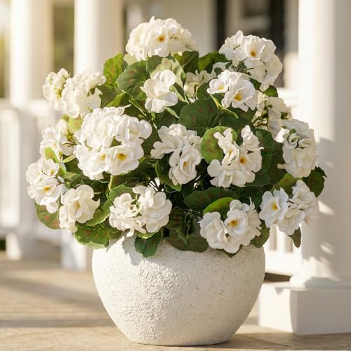 Uqueeten 4pcs Artificial Flowers for Outdoors, UV Resistant Faux Geraniums Begonias Silk Plants for Outdoor Planters Hanging Basket, Fake Floral Stems for Porch Indoor Home Decor No Pot14.4 (White)