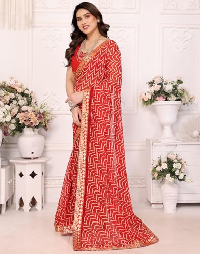 Image of Yashika Women's Printed Georgette Printed Saree With Lace Border and Blouse Material