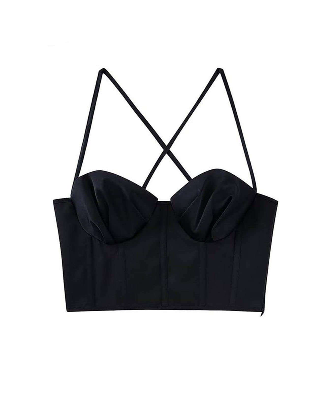 Señoras Sexy Sling Negro Spaghetti Straps Side Open Back Cross Cropped Zipper Tank Top Verano (Color : Black, Size : Medium)