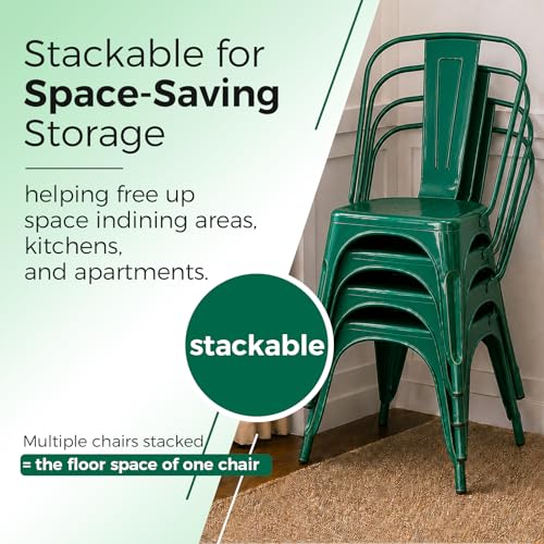 Image of Metal Dining Chairs with Backrest, Stackable, Green, 8 Pack | Easy Assembly, Non-Slip Feet, 330 lb Capacity, Kitchen, Restaurant, Cafe, Pub, Covered Patio