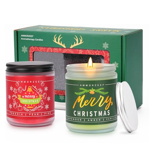 AMMORZEEF Lavender & Freesia Christmas Scented Candles for Home 2 Pack 14OZ Merry Christmas Tree Candle Set Winter Aromatherapy 100h Burn Time