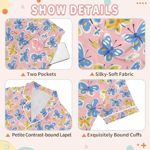 senya Blue Yellow Butterflies 1 Satin Summer Pajama Sets Silk Short Sleeve Button Down Sleepwear3