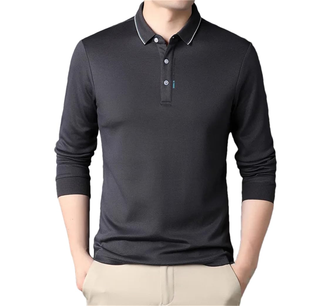 Polo da uomo a maniche lunghe, tinta unita, morbida, con risvolto, polo casual da lavoro, bottoni