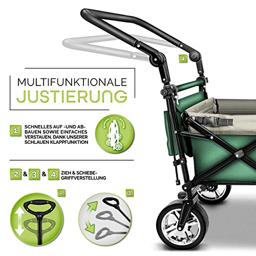 TRESKO® Bollerwagen faltbar mit Dach | Handwagen mit 2x3-Punkt Gurtsystem | Gartenwagen klappbar bis 80 kg | Transportwagen mit Vollgummi-Reifen + Vorder- und Hinter-Bremse + Tragetasche (Grün)