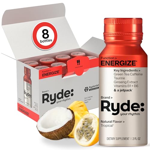 Image of Ryde: Energize Shot | Tropical Flavor | Green Tea Caffeine, Taurine, Ginseng Extract & B Vitamins | 0 Calories, 0 Sugar | 2 FL OZ Shots | Boosts energy* (8 Pack)