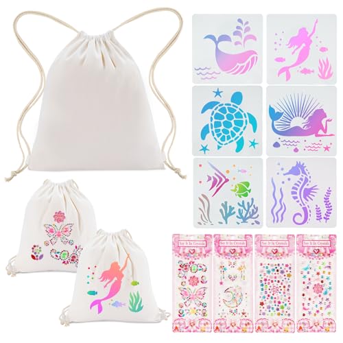 Make Your Own Drawstring Backpacks, 6 Pack Blank Drawstring Bags with Sea Creature Painting Stencils and Gem Rhinestones Stickers for DIY Crafts Birthday Party Favors