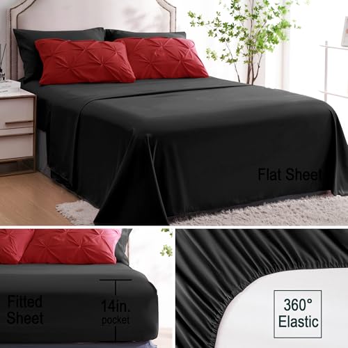 Ubauba 7pc Full Size Comforter Set with Sheets, Red and Black Pintuck 7 Pieces Bed in a Bag with Comforter, All Season Bedding Comforters & Sets (Red and Black,Full)