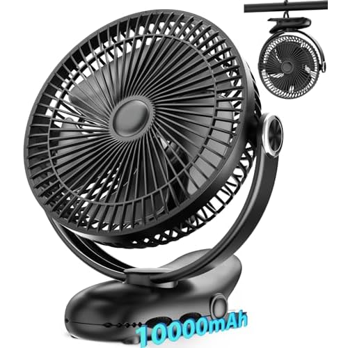 10000mAh 30hrs Clip on Fan Rechargeable, 8 Inch Portable Golf Cart Fan, Battery Operated Fan, 4 Speeds, Sturdy Clamp, Quiet USB Fan for Desk Treadmill Camping Stroller Outdoor Travel Home Office Tent