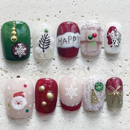 Kokowomite Nails 手作りネイルチップショート スクオーバル 赤 グリーン白 金色 雪 クリスマスつけ爪 可愛い韓国 おしゃれ付け爪 人気3D デザイン10枚入