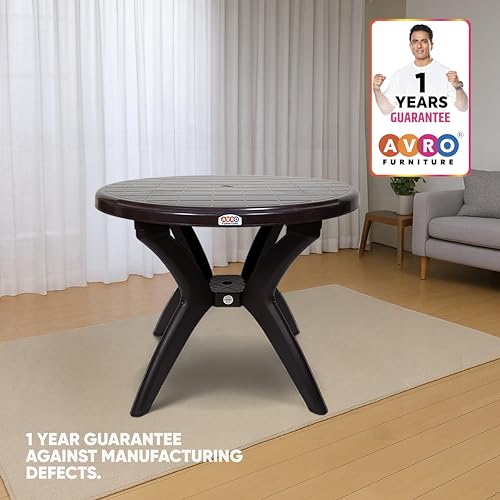 Image of AVRO Furniture Alfa Plastic Round Dining Table, 4 Seater, Contemporary Design, Indoor & Outdoor Use, Lightweight, Easy to Clean, 100 Kg Capacity, 95x95x73.5 cm, Brown