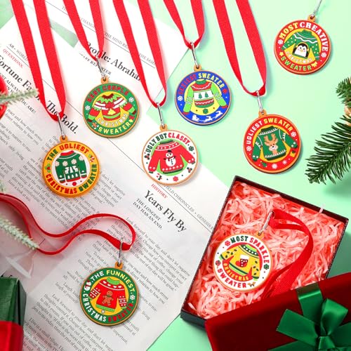relaxgiant 48 pcs ugly sweater medal award 2 inch christmas ugly sweater trophy pvc ugly sweater contest prizes with neck ribbon for holiday party favors christmas tree ornaments