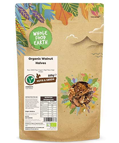 Wholefood Earth Organic Walnut Halves 500g Raw | GMO Free | Vegan | High Fibre | High Protein | Certified Organic