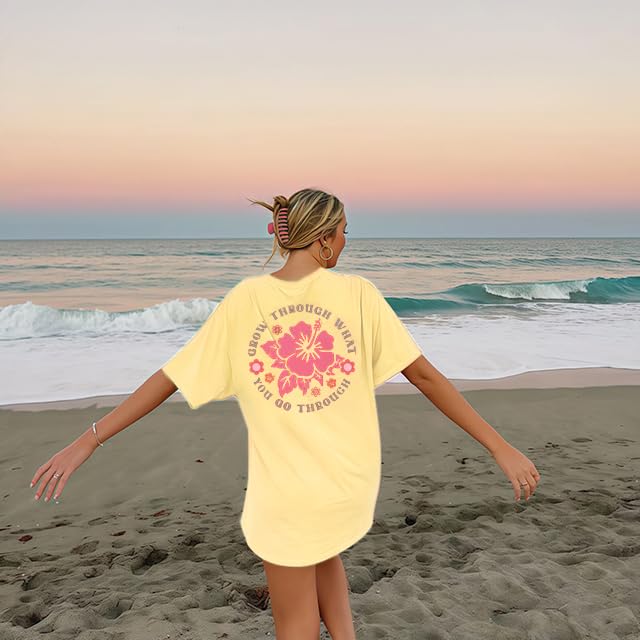 Image of Vintage Oversized Flower Graphic Tees Cute Surfboard Palm Baggy T-Shirts Summer Preppy Beach Tops Teen Girls Clothes
