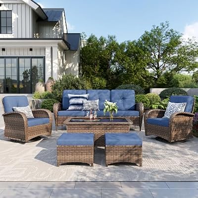 PHI VILLA Patio Furniture Set, 6 Pieces Wicker Outdoor Conversation Set with 2 High Back Patio Swivel Chairs, 3-Seat Rattan Patio Sofa Couch, 2 Muti-Functional Ottomans (Navy Blue Cushions)
