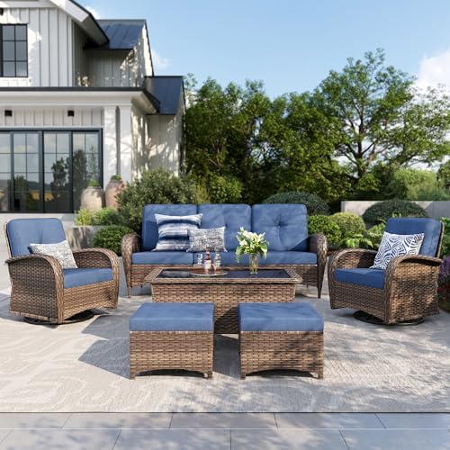 PHI VILLA Patio Furniture Set, 6 Pieces Wicker Outdoor Conversati...
