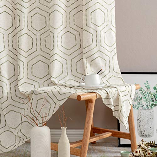 Jinchan Green Window Curtains Linen Textured Honeycomb Embroidered Design Living Room Curtain Drapes Bedroom Bronze Grommet Window Treatment Set 2 Panels 84 Inch #TOP28