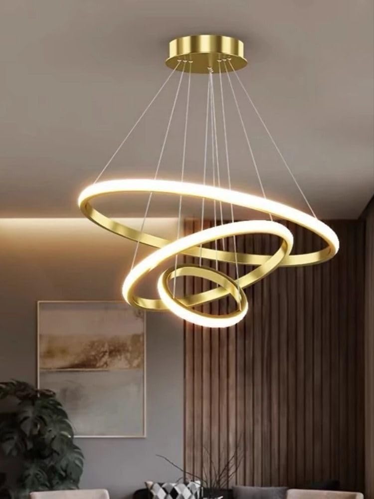 LAVISH 3 Ring LED Chandelier Lamp,Jhumar Light for Hall Ceiling, Jhoomer for Living Room,Creative Hanging Pendant Lamp with Height-Adjustable for Bedroom, Dining Room (Warm White, Gold) Without Remote-image-17