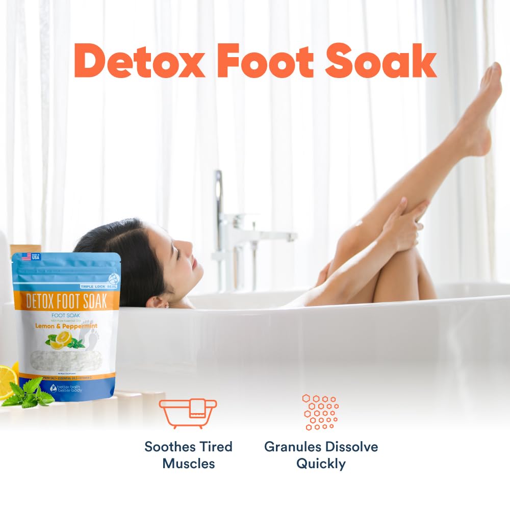Detox Foot Soak 32 Ounces Epsom Salt with Lemon and Peppermint Essential Oils Plus Vitamin C Made with All Natural Ingredients also Includes Lavender and Frankincense Essential Oil 2 Pounds
