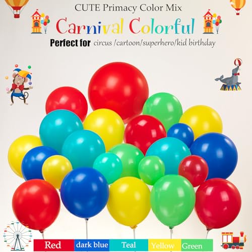 Image of Carnival decorations & include red blue yellow balloon & foil hot air popcorn lion balloons & striped banner & Backdrop carnival Circus road sign paper card Signboard decor for Circus decorations
