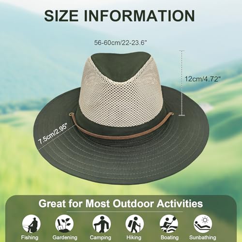 Image of Men's Flat Wide Brim Mesh Safari Outdoor Hat Panama Hat Travel Fishing Hiking with Windproof