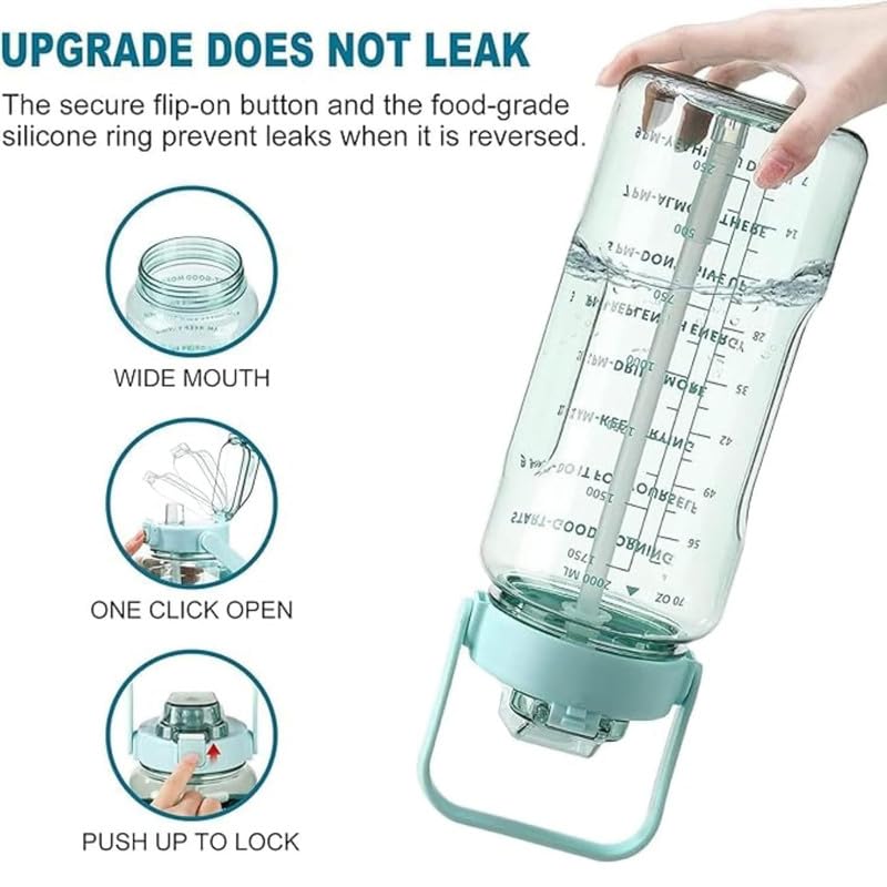Image of TRANSPARENT 3-Pcs (2000ML-900ML-300ML) Water Bottle with Straw & Time Marker | Leak-Proof Sports Bottle for Gym, Office, School | Break-Resistant Silicone Bottle for Daily Hydration (Green)