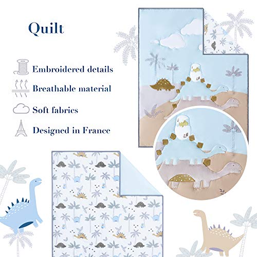 Image of Dinosaur Baby Bedding Set Boys - 6 pcs Baby Boy Bedding Sets Dino Blanket, 2 Fitted Bed Sheets, Pillowcase, Skirt & Dinosaur Nursery Organizer - Designed in France, Blue-White