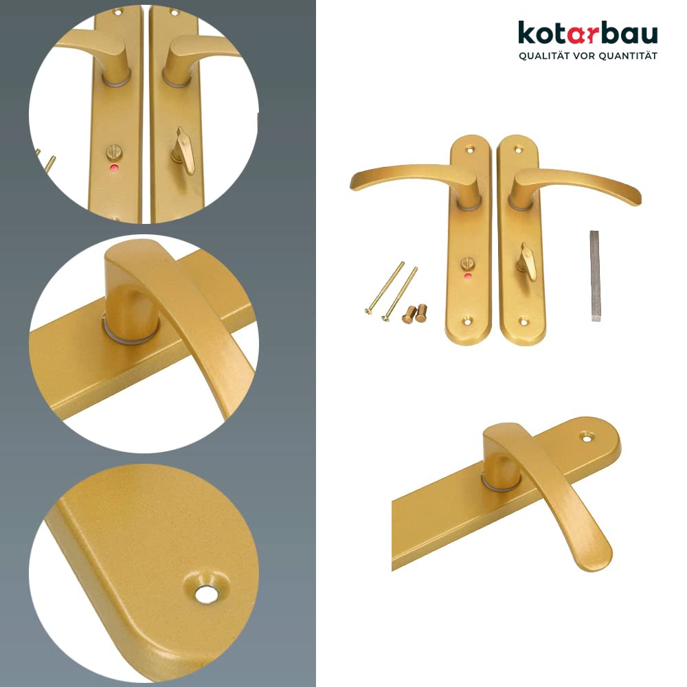 KOTARBAU® Juego de manillas para puerta de baño, Manilla con pestillo, Placa larga, 72 mm, Manillas de aluminio - dorado, 2 Manetas con cierre, Manijas diseño clásico, Kit de montaje incluido