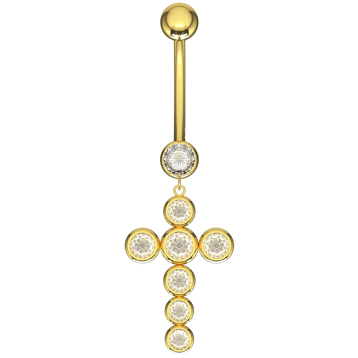 Piercing para ombligo de oro amarillo macizo de 14 quilates con circonita cúbica y cruz colgante – joyería para el ombligo de 14 quilates – Piercing para el ombligo calibre 14, 14 Gauge