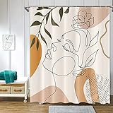 ChloropLastid Mid Century Abstract Shower Curtain Modern Minimalist Women Face Line Geometric Plant Leaves 72x72 Inch Aesthetic Bathroom Decor Curtain Durable Waterproof Polyester Fabric