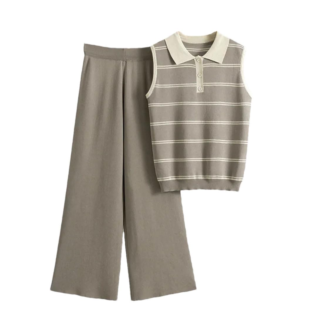 Top a righe da donna in maglia con colletto a polo senza maniche set da 2 pezzi maglieria maglione tee abiti a vita alta gamba larga pantaloni