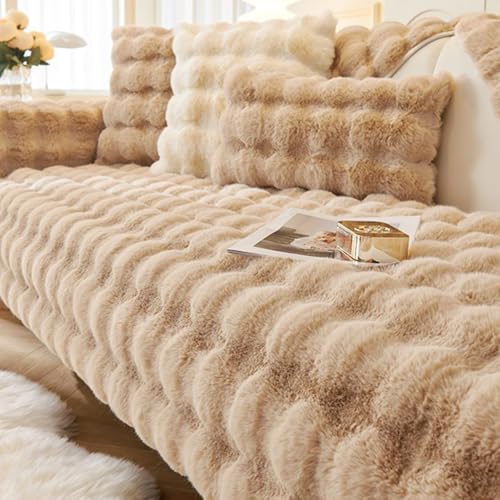 ソファカバー ソファーシーツ 2人掛け ソファパッド 冬用 ふわふわ 暖かい 厚手 【2025新デザイン 表面ラビットファー調 裏面滑り防止素材】 掛けるだけ 滑り止め 耐磨性 洗える もこもこ かわいい 冷え対策 吸湿発熱 高級 取付簡単(キャメル(ラビ