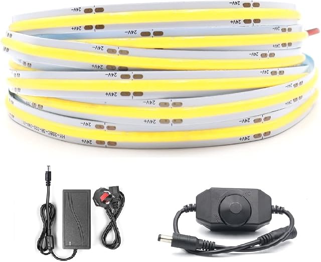 Arotelicht COB LED Strip 3m Light Strip Cool White 24V 6000K COB Strip 320LEDs/m 960LEDs with Dimmer Adapter IP20 for TV Backlight Bedroom Kitchen Interior Decoration