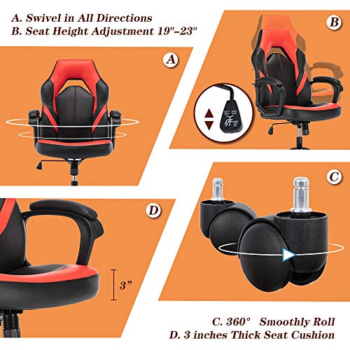 Office Chair, Bonded Leather Computer Gaming Chair High Back Ergonomic Desk Executive Chair Swivel Task Chair Comfortable Padded Armrest And Adjustable Height For Teens Adults (Red) #TOP4