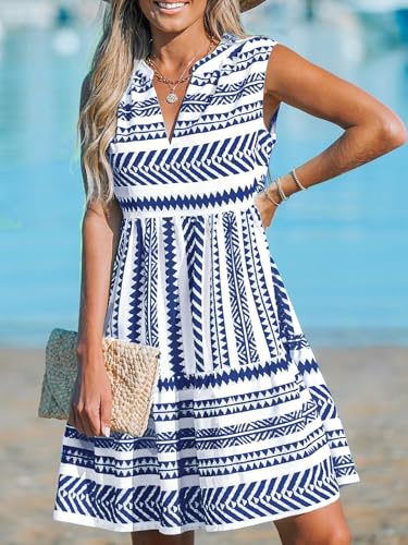 Image of CUPSHE Women's Ruffle Beach Mini Dress Split V Neck A Line Sleeveless Geometric Stripe Tropical Leaf Pattern Summer Dresses
