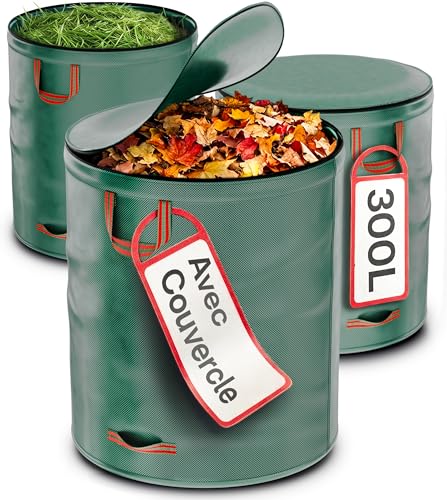 Praknu 3x Sac Jardin Dechets Verts 300L avec Couvercle - Sac Jardinage Réutilisable avec 4 Poignées Résistantes - Stable & Pliable - Sac Végétaux et...