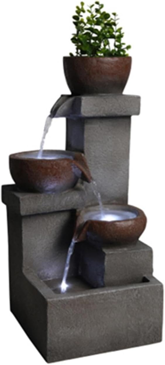3-Tier Outdoor Water Fountain with LED Lights, Garden Waterfall Fountain with Built-in Planter, 23.6" Resin Water Fountain for Patio, Yard, Garden, Deck Decor