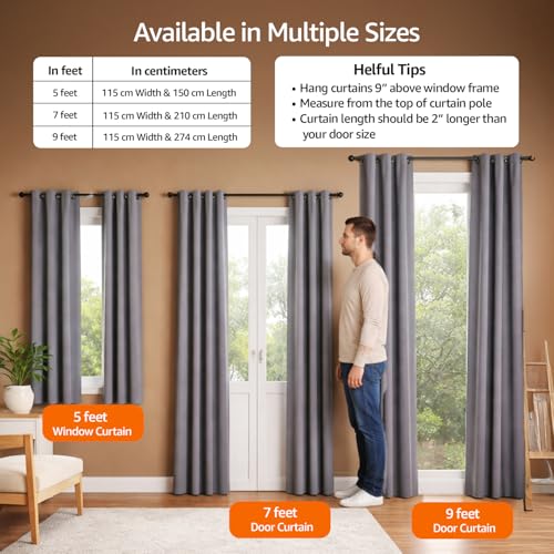 Image of Amazon Basics - Room Darkening Blackout Door Curtains, 100% Room Darkening | 9 Feet |Set of 2| Plain Design | for Living Room and Bedroom | 115cmx274cm, Color- Grey